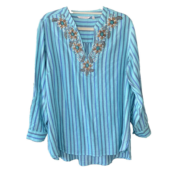 SOFT SURROUNDINGS Blouse Womens Size PXL Tunic Shirt Top Roll Tab Sleeve Coastal - Picture 1 of 9
